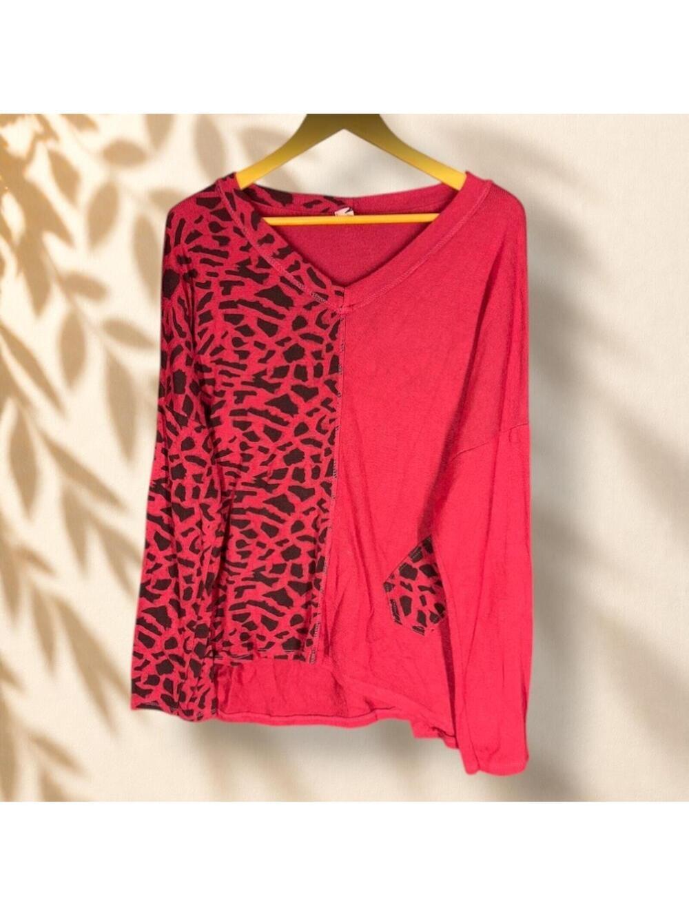 Kaktus Sweater Pullover Women M Medium Pink Animal Print Knit V-Neck Long Sleeve
